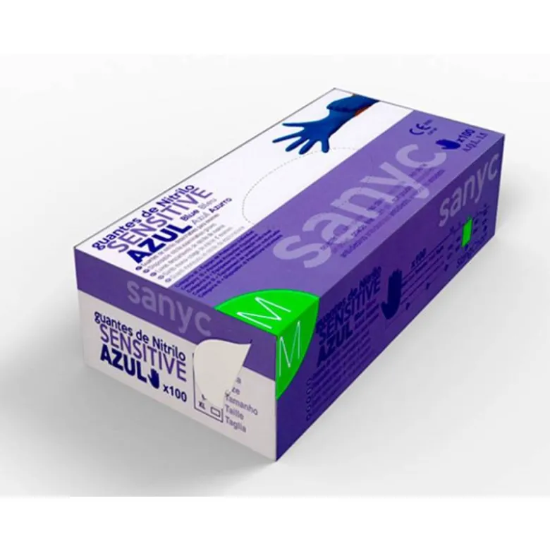 GUANTE DE NITRILO DESECHABLE SENSITIVE SIN POLVO TALLA M MEDIANA COLOR AZUL CAJA DE 100 UNIDADES