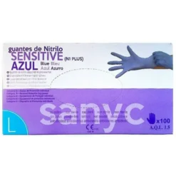 GUANTE DE NITRILO DESECHABLE SENSITIVE SIN POLVO TALLA L GRANDE COLOR AZUL CAJA DE 100 UNIDADES