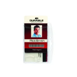IDENTIFICADOR CON PINZA GIRATORIA DURABLE ACRILICO HORIZONTAL CON UÑERO PARA PASES DE SEGURIDAD 54X85 MM