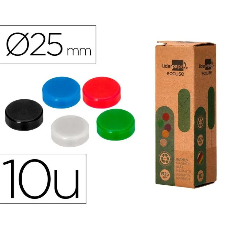 IMANES PARA SUJECION LIDERPAPEL ECOUSE PP RECICLADO PARA PIZARRA MAGNETICA 25 MM CAJA DE 10