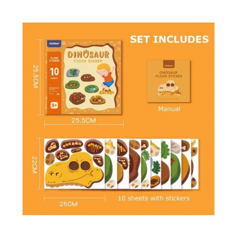 JUEGO DIDACTICO MIDEER DINOSAURIO CON 64 ADHESIVOS PARA SUELO REMOVIBLES +3 AÑOS