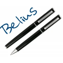 JUEGO BOLIGRAFO Y ROLLER BELIUS NORWICH CUERPO NEGRO MATE Y DETALLES CROMADOS SATINADOS EN CAJA REGALO