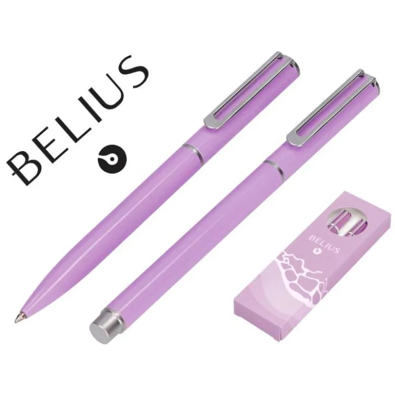 JUEGO BOLIGRAFO Y ROLLER BELIUS ENDLESS SUMMER ALUMINIO COLOR MORADO Y PLATEADO TINTA AZUL CAJA DE DISEÑO
