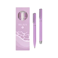 JUEGO BOLIGRAFO Y ROLLER BELIUS ENDLESS SUMMER ALUMINIO COLOR MORADO Y PLATEADO TINTA AZUL CAJA DE DISEÑO