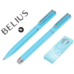 JUEGO BOLIGRAFO Y ROLLER BELIUS ENDLESS SUMMER ALUMINIO COLOR CELESTE Y PLATEADO TINTA AZUL CAJA DE DISEÑO