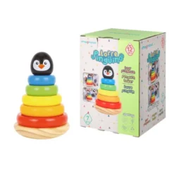 JUEGO INFANTIL IMAGINOVO MADERA FORMA DE PINGUINO TORRE DE FORMAS APILABLES +12 MESES 7 PIEZAS 18X12X12CM