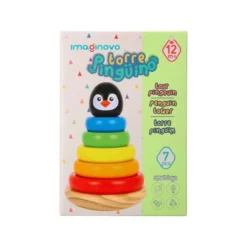 JUEGO INFANTIL IMAGINOVO MADERA FORMA DE PINGUINO TORRE DE FORMAS APILABLES +12 MESES 7 PIEZAS 18X12X12CM