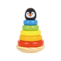 JUEGO INFANTIL IMAGINOVO MADERA FORMA DE PINGUINO TORRE DE FORMAS APILABLES +12 MESES 7 PIEZAS 18X12X12CM
