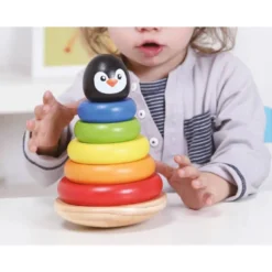 JUEGO INFANTIL IMAGINOVO MADERA FORMA DE PINGUINO TORRE DE FORMAS APILABLES +12 MESES 7 PIEZAS 18X12X12CM