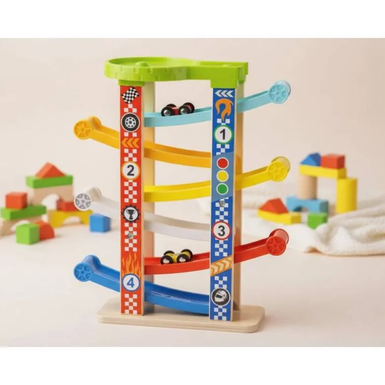 JUEGO INFANTIL IMAGINOVO MADERA TORRE DE DESLIZAMIENTO CON 7 NIVELES INCLUYE 6 COCHES +18 MESES 38X32X14CM