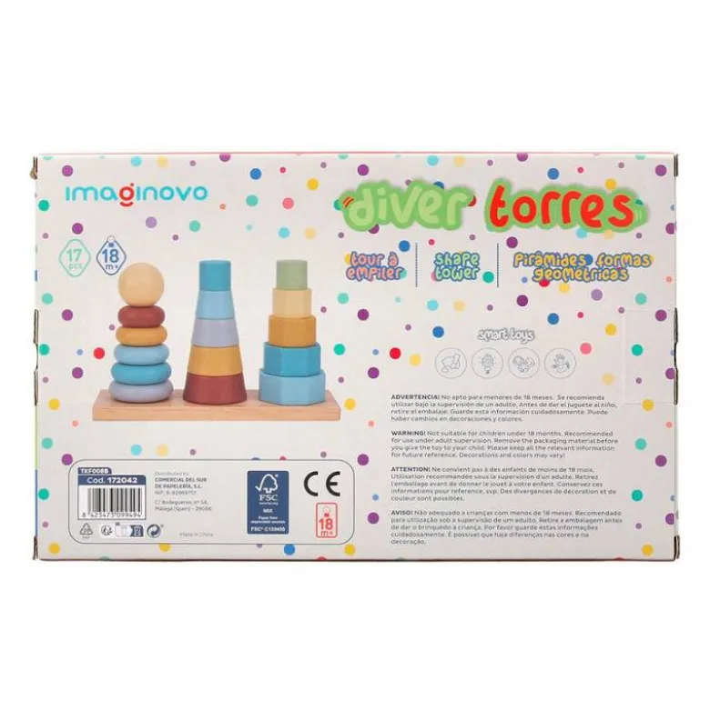 JUEGO INFANTIL IMAGINOVO MADERA TORRE DE FORMAS APILABLES +18 MESES 17 PIEZAS 28X20X9CM