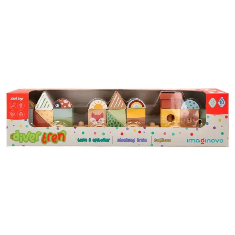 JUEGO INFANTIL IMAGINOVO MADERA TREN FIGURAS APILABLES CON RUEDAS +18 MESES 38X9,5X7,5CM