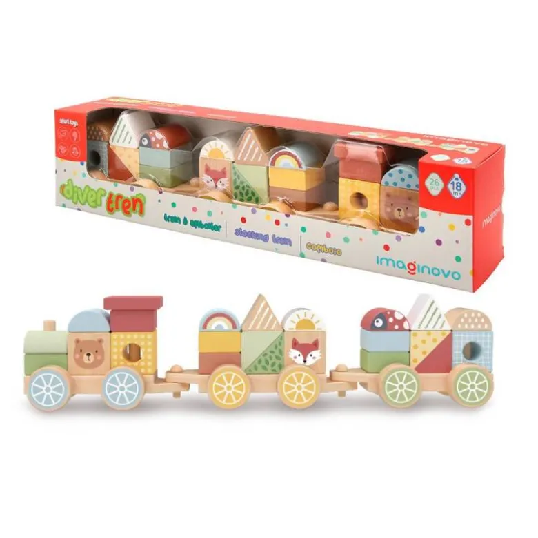 JUEGO INFANTIL IMAGINOVO MADERA TREN FIGURAS APILABLES CON RUEDAS +18 MESES 38X9,5X7,5CM