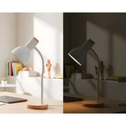 LAMPARA DE ESCRITORIO Q-CONNECT ORION METALICA CON DETALLES DE MADERA BRAZO FLEXIBLE COLOR BLANCO