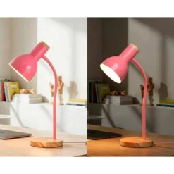 LAMPARA DE ESCRITORIO Q-CONNECT ORION METALICA CON DETALLES DE MADERA BRAZO FLEXIBLE COLOR ROSA