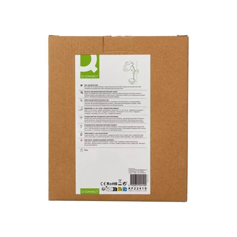 LAMPARA DE ESCRITORIO Q-CONNECT ORION METALICA CON DETALLES DE MADERA BRAZO FLEXIBLE COLOR ROSA