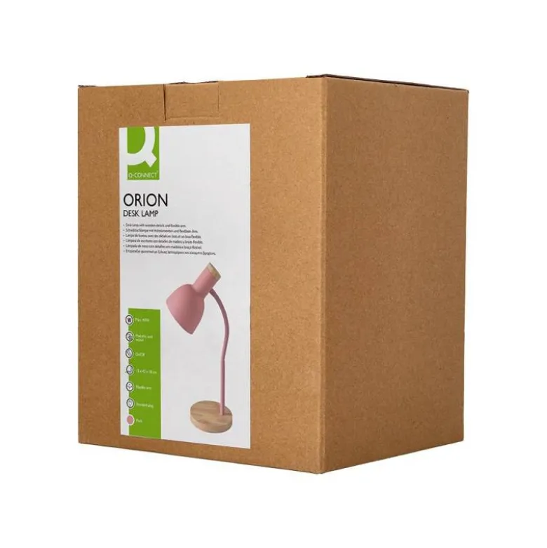 LAMPARA DE ESCRITORIO Q-CONNECT ORION METALICA CON DETALLES DE MADERA BRAZO FLEXIBLE COLOR ROSA