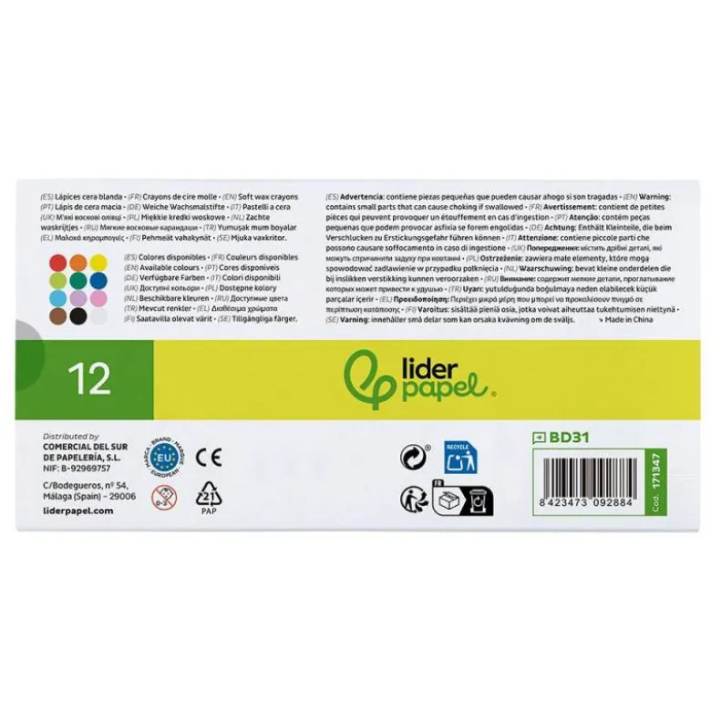 LAPICES CERA BLANDA LIDERPAPEL REDONDA CAJA DE 12 UNIDADES COLORES SURTIDOS