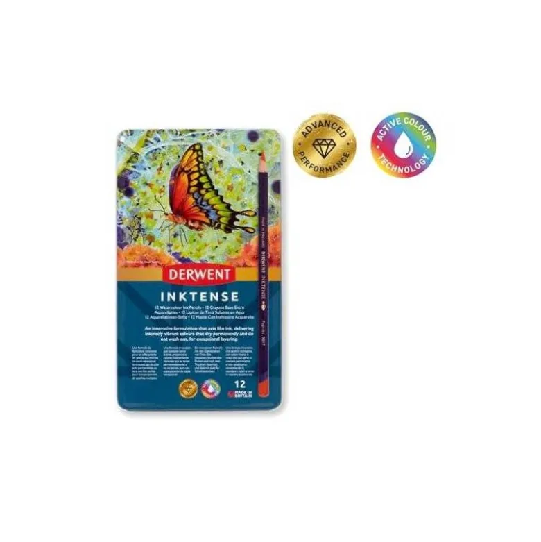 LAPICES DE COLORES DERWENT INKTENSE ACUARELABLE CAJA METALICA DE 12 UNIDADES COLORES SURTIDOS