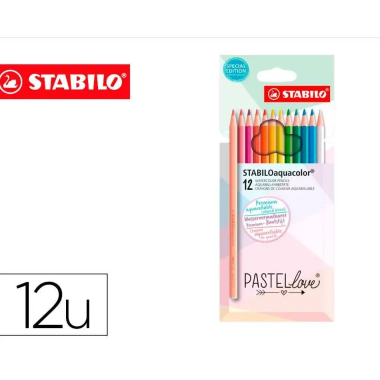 LAPICES DE COLORES STABILO AQUACOLOR ACUARELABLES PASTEL LOVE ESTUCHE CARTON DE 12 COLORES SURTIDOS