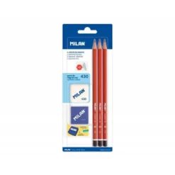 LAPICES DE GRAFITO MILAN HEXAGONAL HB + GOMA 430 + AFILALAPIZ BLISTER DE 3 UNIDADES