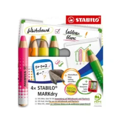 LAPIZ MARCADOR STABILO MARKDRY NEON PARA PIZARRA BLANCA CAJA DE 4 UNIDADES COLORES SURTIDOS + SACAPUNTAS