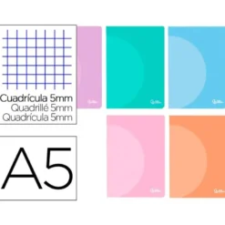 LIBRETA LIDERPAPEL 360 TAPA DE PLASTICO A5 48 HOJAS 90G/M2 CUADRO 5 MM CON DOBLE MARGEN COLORES PASTEL