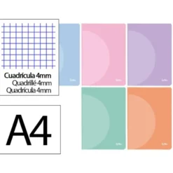 LIBRETA LIDERPAPEL 360 TAPA DE PLASTICO A4 48 HOJAS 90G/M2 CUADRO 4 MM CON MARGEN COLORES PASTEL SURTIDOS