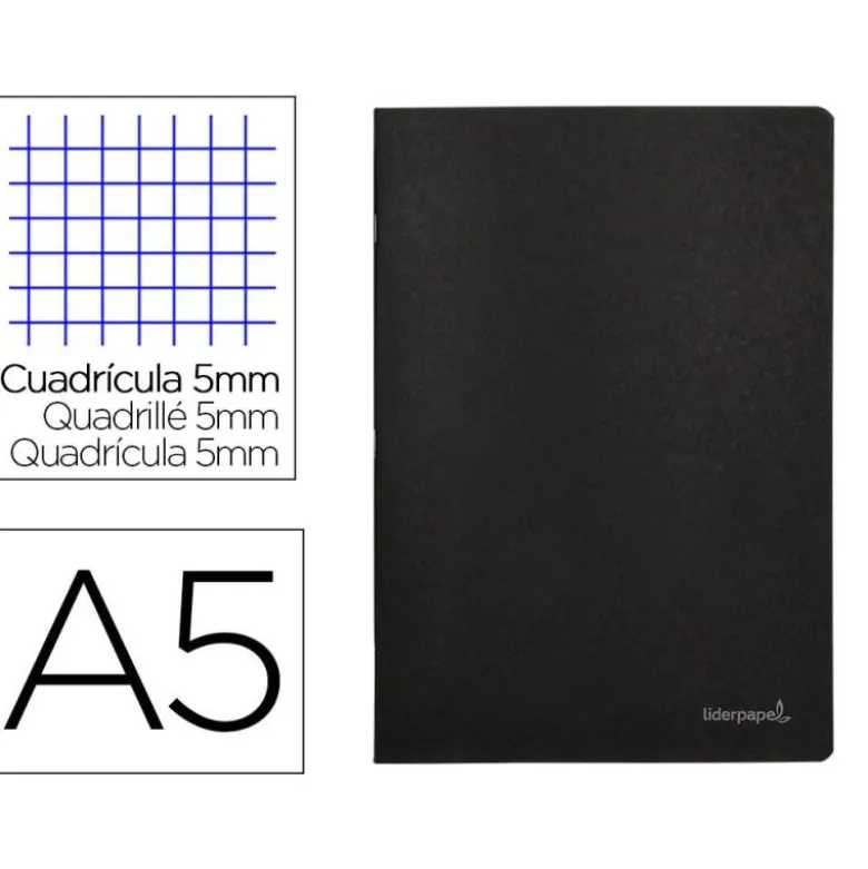 Libreta escolar Liderpapel tapa negra A5 con 80 hojas de 60g/m2 cuadro de 5mm con doble margen. Colores surtidos.