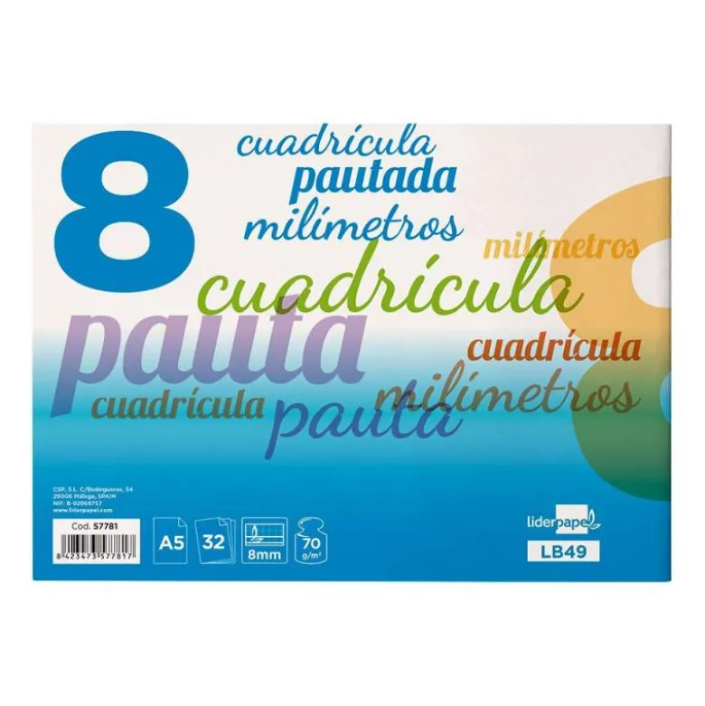 Libreta marca liderpapel pautaguia tapa cartoncillo 32 hojas din a5 cuadriculado pautado 8mm apaisada 70 gr con margen