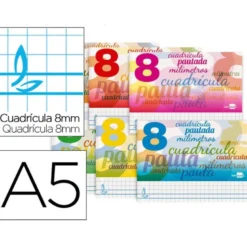 Libreta marca liderpapel pautaguia tapa cartoncillo 32 hojas din a5 cuadriculado pautado 8mm apaisada 70 gr con margen