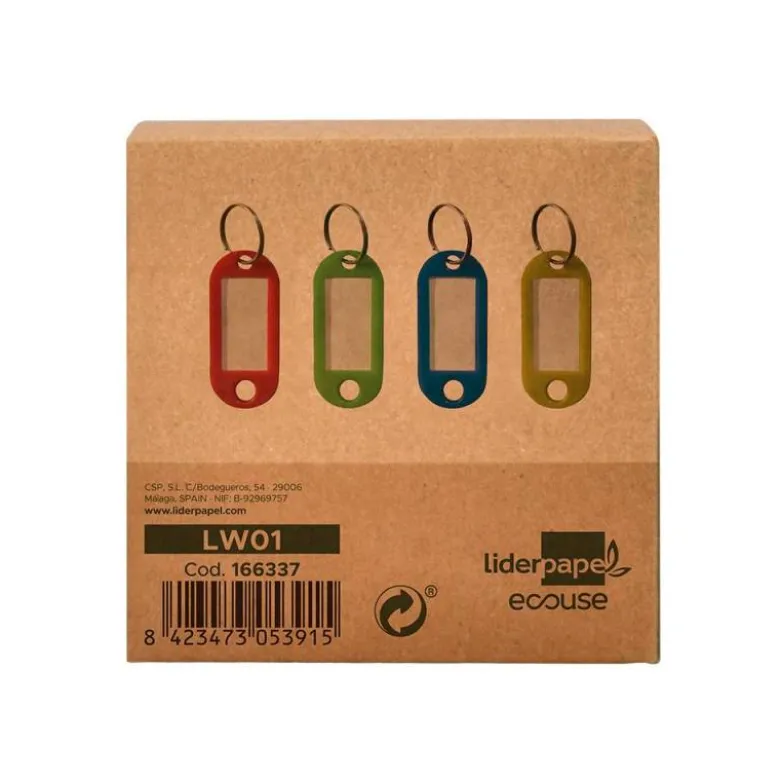 LLAVERO PORTAETIQUETAS LIDERPAPEL ECOUSE FABRICADO EN PLASTICO RECICLADO EXPOSITOR DE 100 UNIDADES