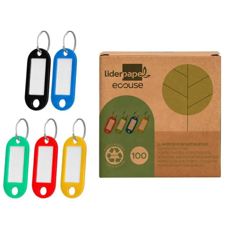 LLAVERO PORTAETIQUETAS LIDERPAPEL ECOUSE FABRICADO EN PLASTICO RECICLADO EXPOSITOR DE 100 UNIDADES