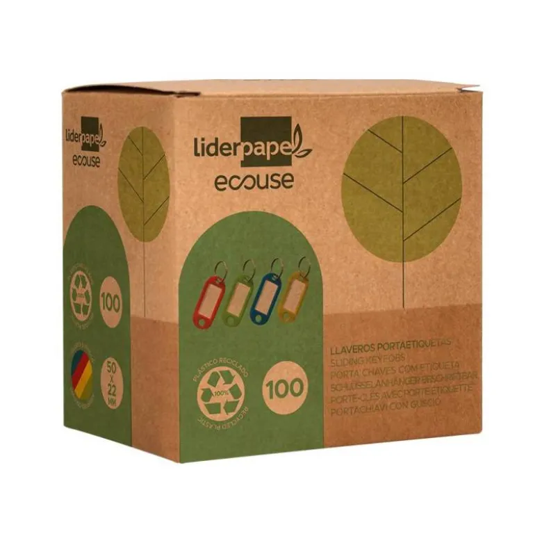 LLAVERO PORTAETIQUETAS LIDERPAPEL ECOUSE FABRICADO EN PLASTICO RECICLADO EXPOSITOR DE 100 UNIDADES