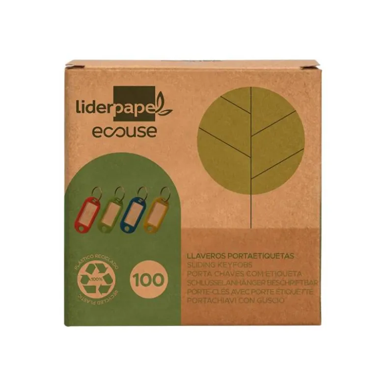LLAVERO PORTAETIQUETAS LIDERPAPEL ECOUSE FABRICADO EN PLASTICO RECICLADO EXPOSITOR DE 100 UNIDADES