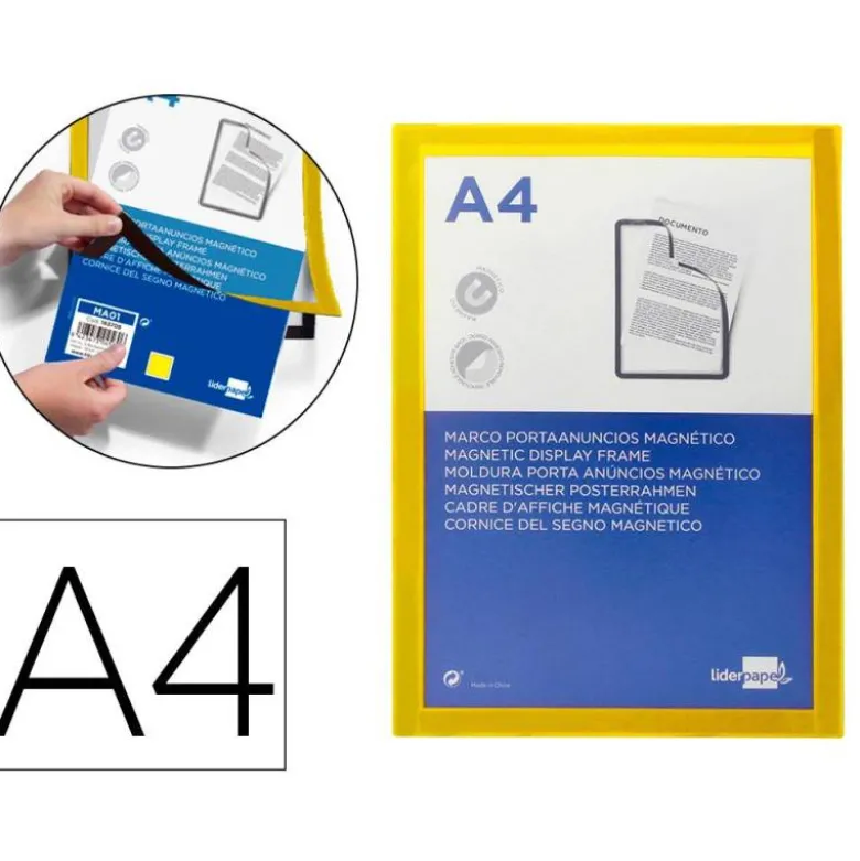 MARCO PORTA ANUNCIOS LIDERPAPEL MAGNETICO DIN A4 DORSO ADHESIVO REMOVIBLE COLOR AMARILLO