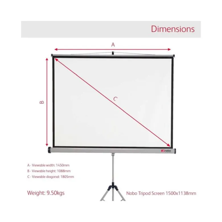Pantalla marca Nobo mural para proyección con tripode 150 x 113.8 cm