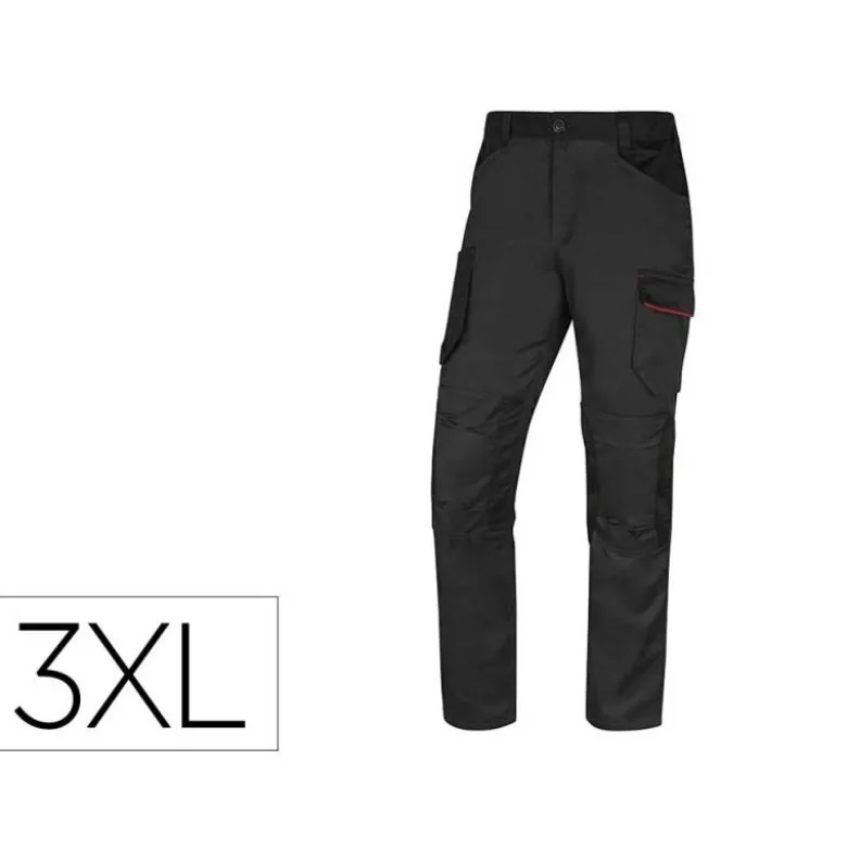 PANTALON DE TRABAJO DELTAPLUS CON CINTURA ELASTICA 7 BOLSILLOS COLOR GRIS-ROJO TALLA 3XL