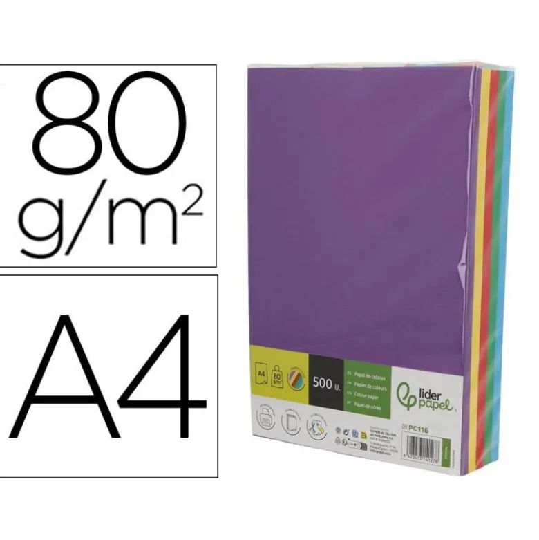 PAPEL COLOR LIDERPAPEL DIN A4 80 GR 5 COLORES SURTIDOS INTENSOS PAQUETE DE 500 HOJAS