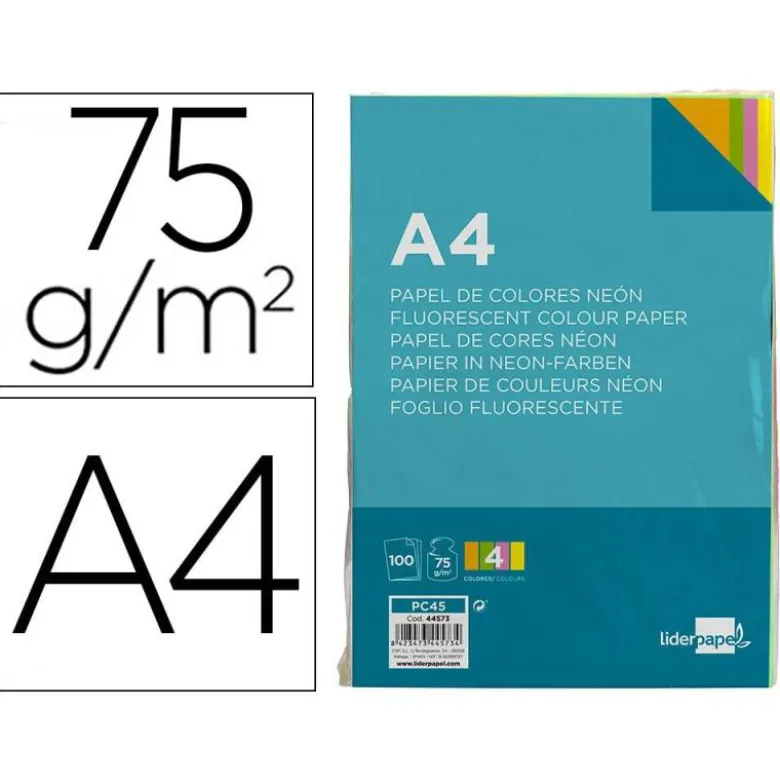 Papel color Liderpapel Colores Surtidos Neon tamaño A4 75 g/m2 100 hojas