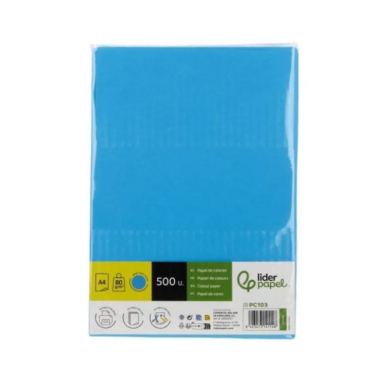 PAPEL COLOR LIDERPAPEL DIN A4 80 GR AZUL INTENSO PAQUETE DE 500 HOJAS