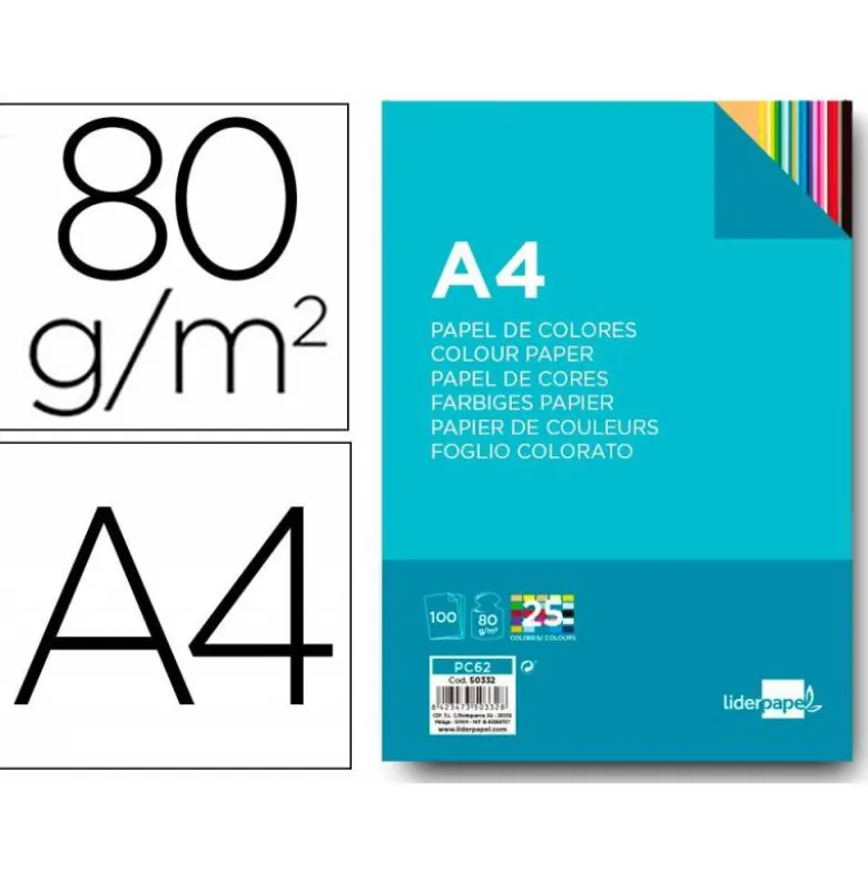 Papel color Liderpapel tamaño A4 80 g/m2 pack 100 hojas 25 Colores Surtidos