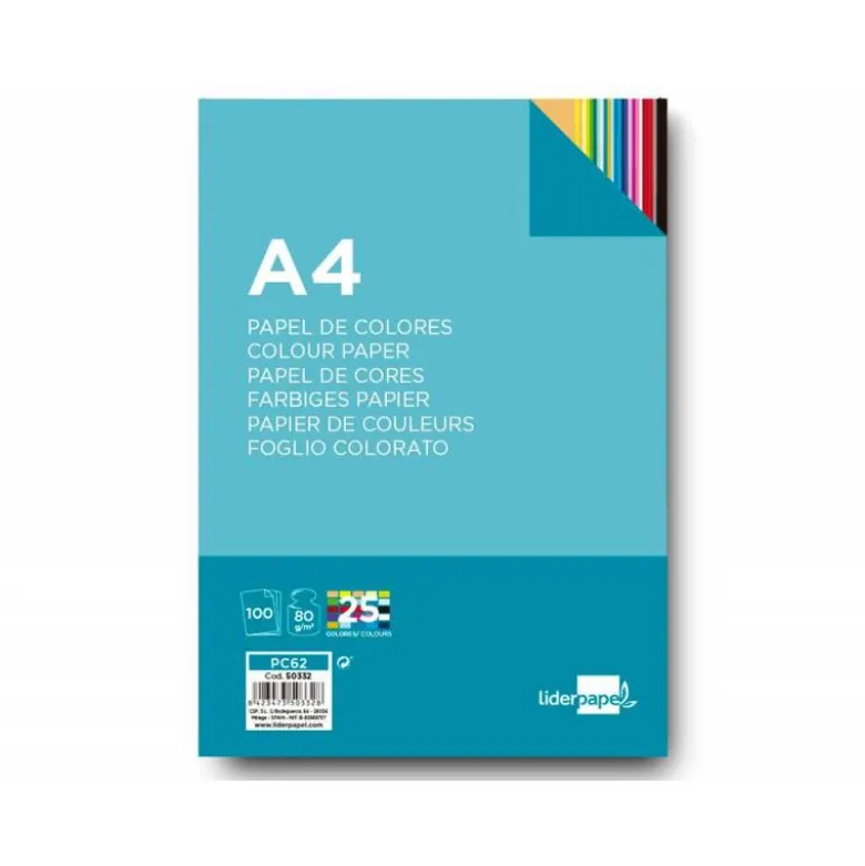 Papel color Liderpapel tamaño A4 80 g/m2 pack 100 hojas 25 Colores Surtidos