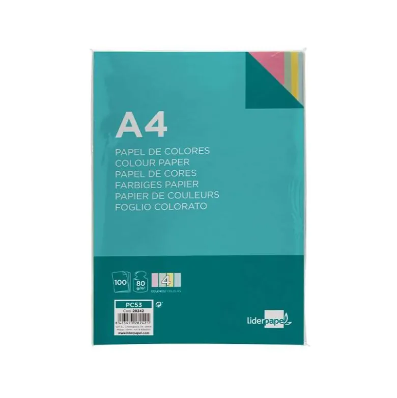 Papel color Liderpapel tamaño A4 80 g/m2 pack 100 hojas Colores Surtidos
