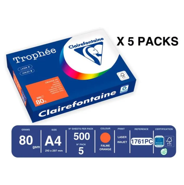 PAPEL COLOR TROPHEE A4 80GR NARANJA INTENSO PAQUETE DE 500 HOJAS