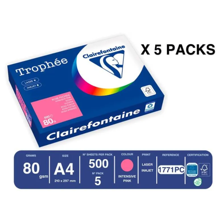 PAPEL COLOR TROPHEE A4 80GR ROSA FUSCIA INTENSO PAQUETE DE 500 HOJAS