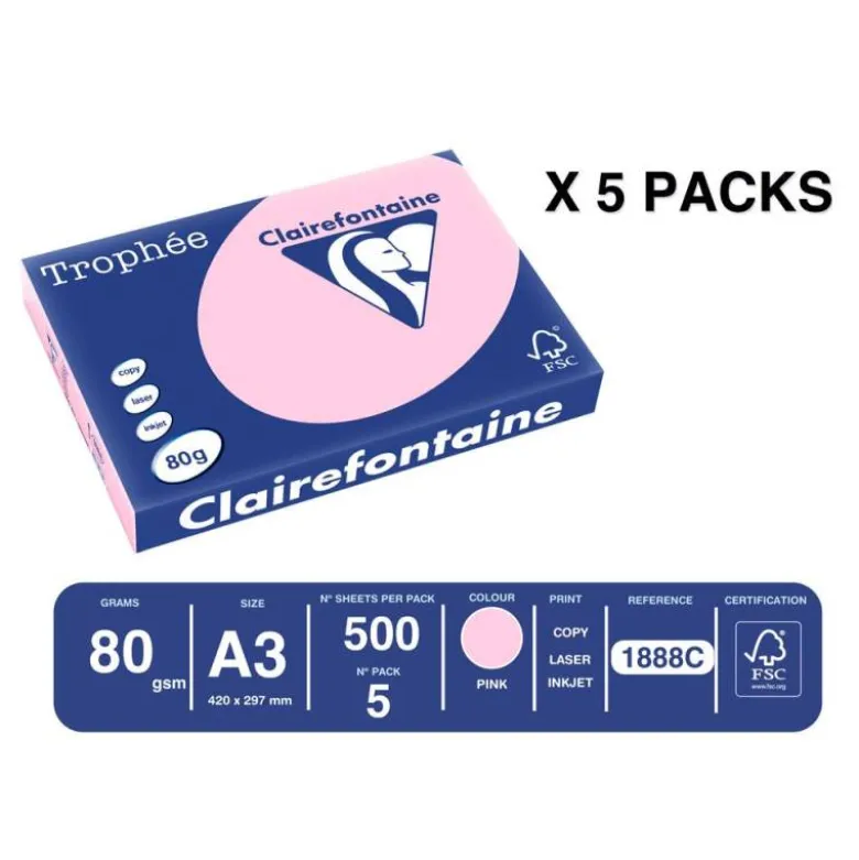 PAPEL COLOR TROPHEE A3 80GR ROSA PASTEL PAQUETE DE 500 HOJAS