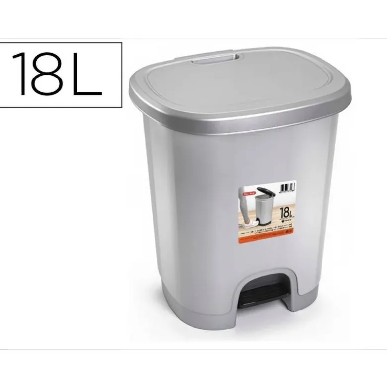 PAPELERA CONTENEDOR PLASTICFORTE PLASTICO CON TAPADERA Y PEDAL 18 LITROS COLOR PLATA 330X280X405 MM