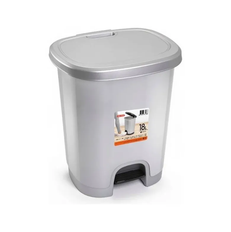 PAPELERA CONTENEDOR PLASTICFORTE PLASTICO CON TAPADERA Y PEDAL 18 LITROS COLOR PLATA 330X280X405 MM