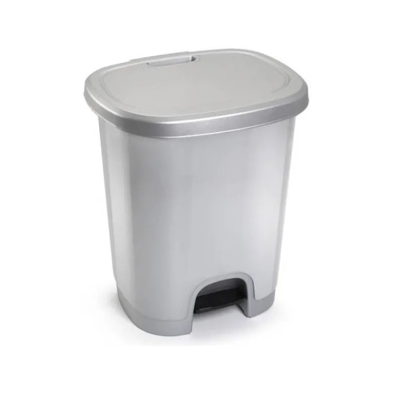 PAPELERA CONTENEDOR PLASTICFORTE PLASTICO CON TAPADERA Y PEDAL 27 LITROS COLOR PLATA 380X320X450 MM